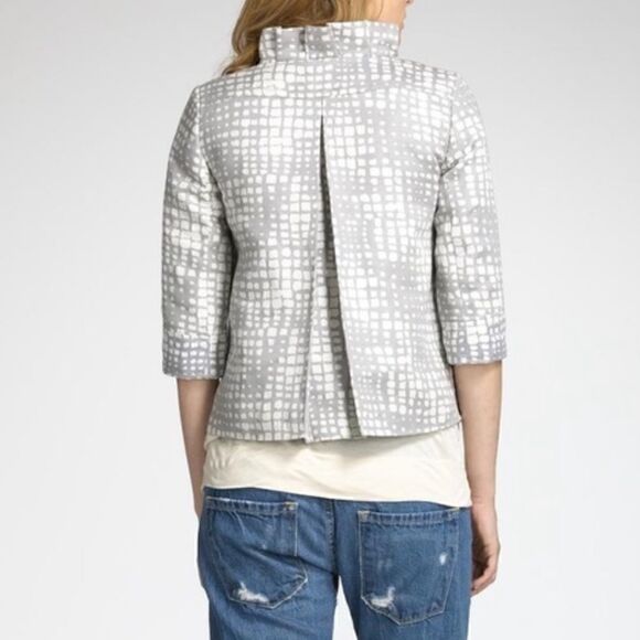 J. CREW GEO PRINT CROPPED COCKTAIL JACKET GRAY IVORY RUFFLED COLLAR BLAZER XS-S* - Picture 6 of 16